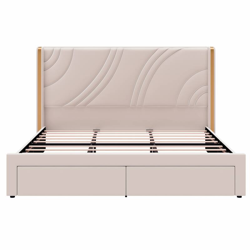 Upholstered LED Bed Frame with Storage Drawers, Velvet Platform Bed with Wingback Headboard, RGB Light