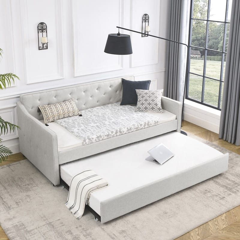Twin Size Upholstered Tufted Daybed with Twin Size Trundle