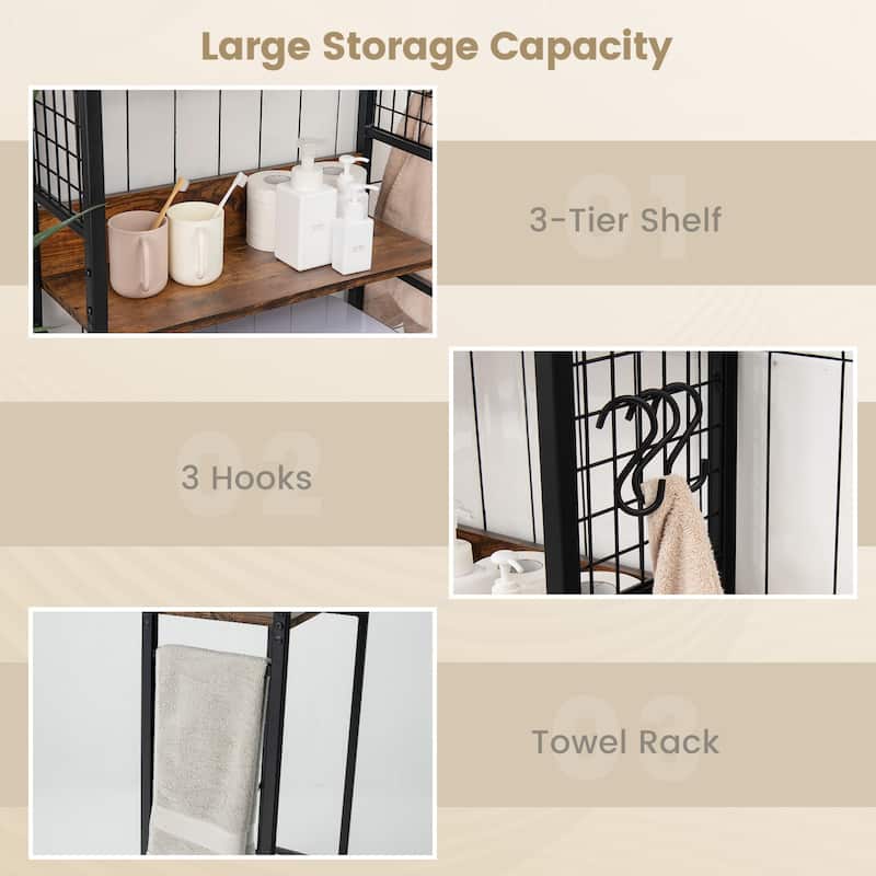 3-Tier Over-The-Toilet Bathroom Storage Rack Rustic Brown Wood and Steel Organizer with Hooks - 23.5" x 9.5" x 68" (L x W x H)