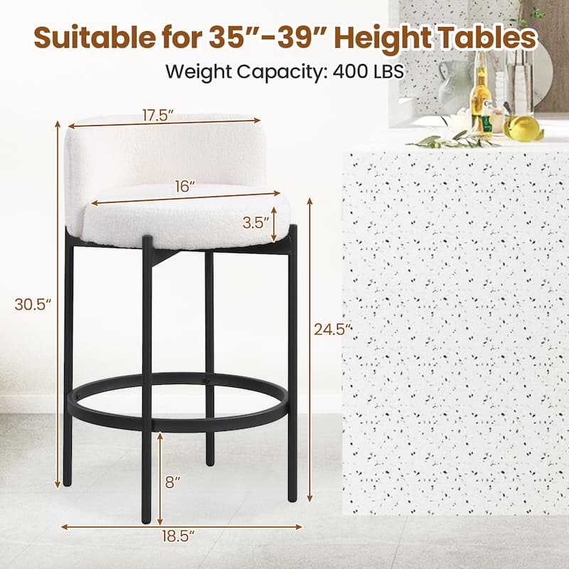 24 Inch Modern Sherpa Fabric Bar Stools with Thick Cushion Seat and Metal Frame for Kitchen Island - 18.5" x 17.5" x 30.5"