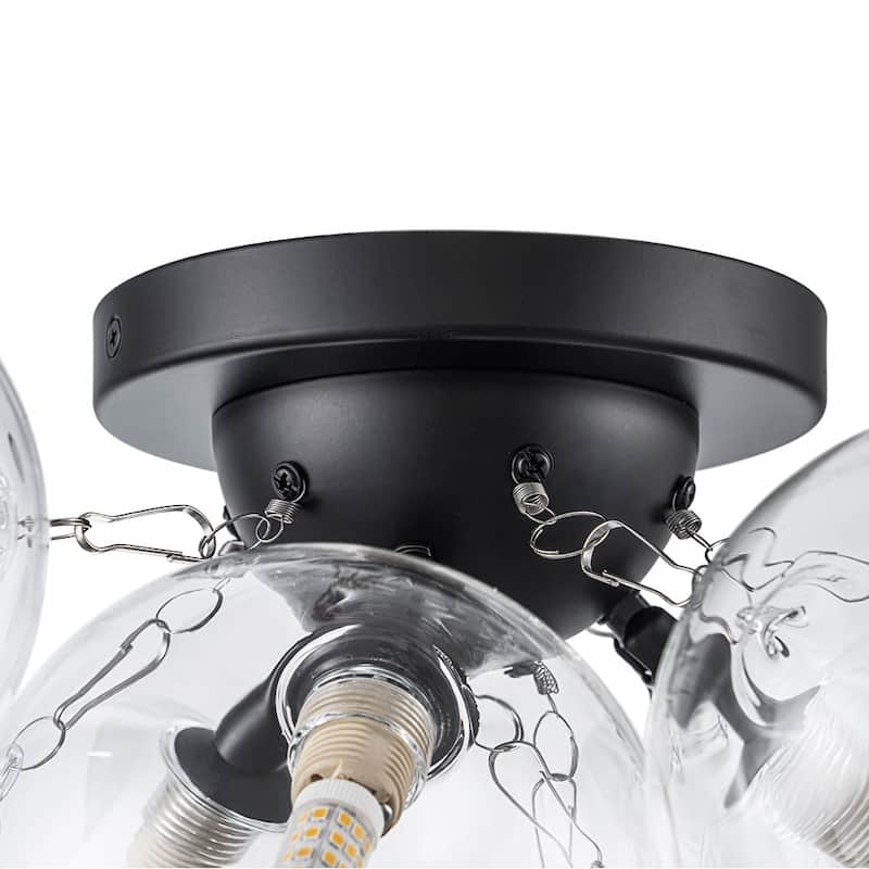 3-Light Clear Glass Globe Bubble Semi Flush Chandelier - Brass 18in