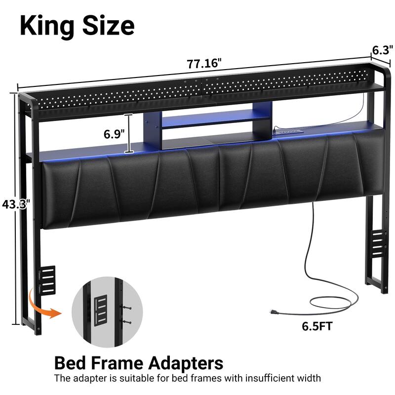 Upholstered Headboard with Pegboard and Charging Station, Storage Headboard Shelves and LED Light