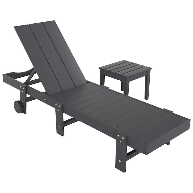 Polytrends Shoreside Modern Poly Eco-Friendly All Weather Reclining Chaise Lounge With Wheels and Side Table (2-Piece Set)