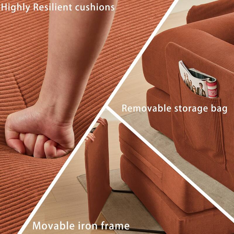 107" Orange Corduroy Modular Sectional Sofa Bed, 7-in-1, No Assembly