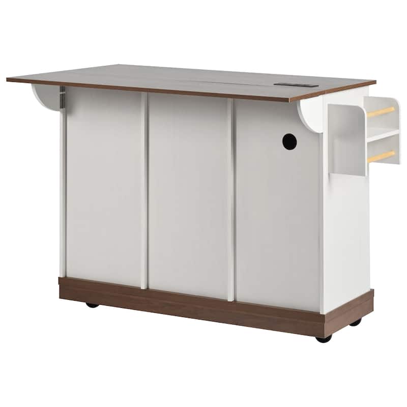 55" Wood Rolling Kitchen Island with Drop Leaf,Barn Door,Power Outlet