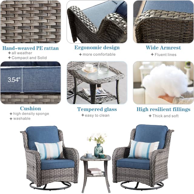 OVIOS 3-piece Rattan Wicker Rocking Swivel Chair Set