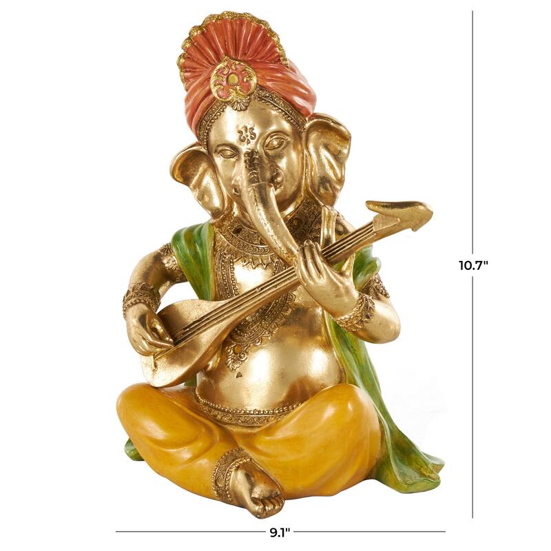 Gold Resin Musician Ganesh Decorative Sculpture with Green, Yellow, and Red Accents