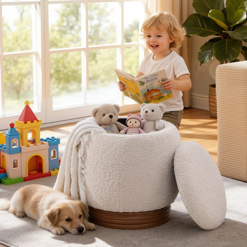 Round Storage Pouf Ottoman Footstool with Flip-top and Acacia Frame