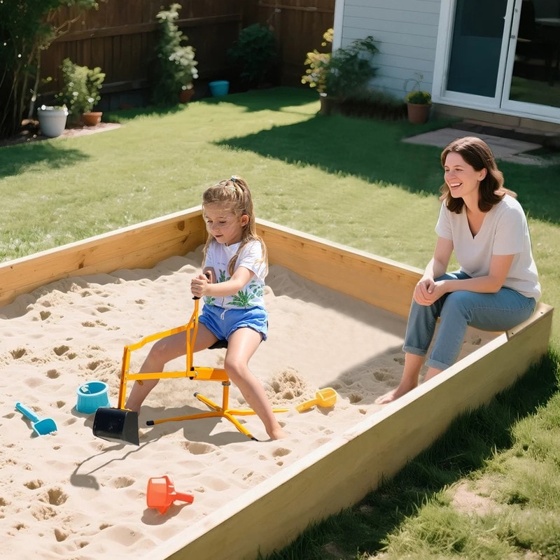 Kids Sand Box, 2 in 1 Outdoor Wood Sandbox with Cove, Two Corner Seats