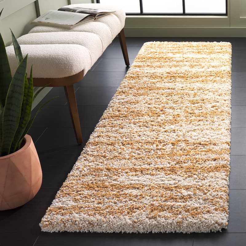 SAFAVIEH, Hudson Shag Felecia Modern Abstract 2-inch Thick Rug - 2'3" x 8' Runner - Ivory/Gold