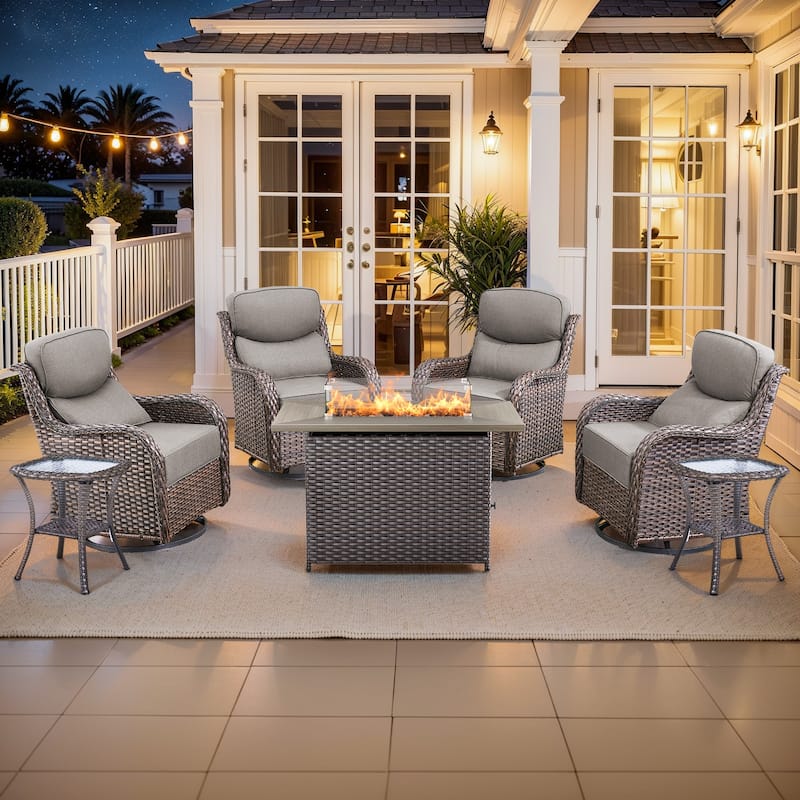 Pocassy Outdoor 6 Inch Sofa Chair Ottoman with Fire Pit Table Set - Brown Wicker Gray Cushion - 7 Pieces Swivel Chair Table with Fire Table