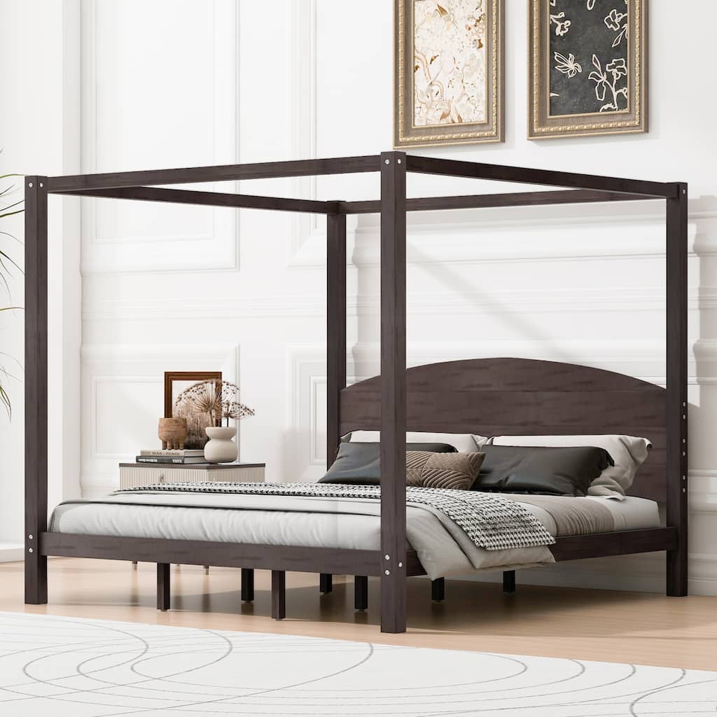 King Size Canopy Platform Bed with Headboard, Brown Wash, Sturdy Frame, Easy Assembly