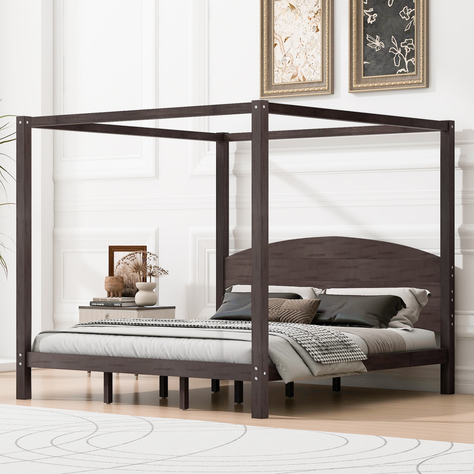 King Size Canopy Platform Bed with Headboard and Support Legs, Brown Wash