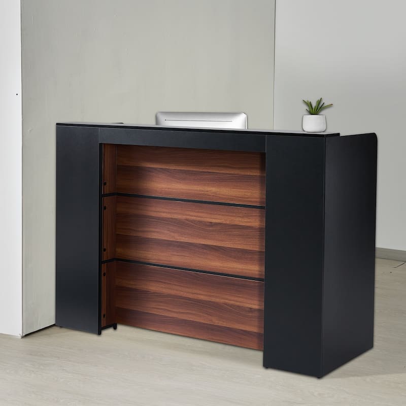 Black and Brown MDF Reception Desk with LED Lights, Spacious Waterproof Laminate Top
