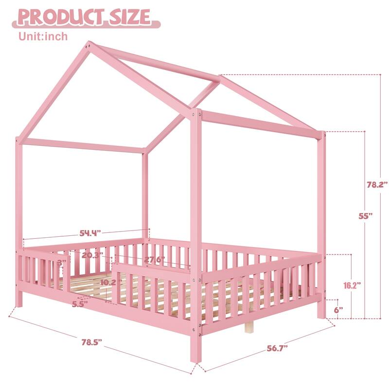Roomfitters Montessori Floor Bed with Canopy, House Shape Wood Frame with Safety Rails, Youth Platform Bed