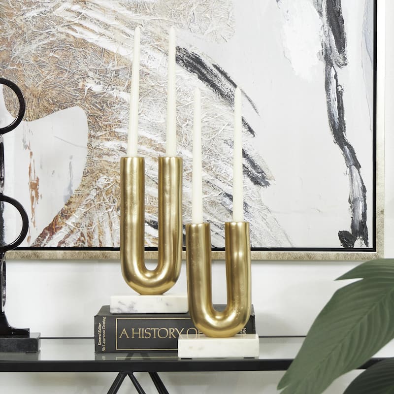 Aluminum Metal Geometric U-Shaped Decorative Candle Holder with Marble Bases - Set of 2 Gold or Black - Roche River Decor