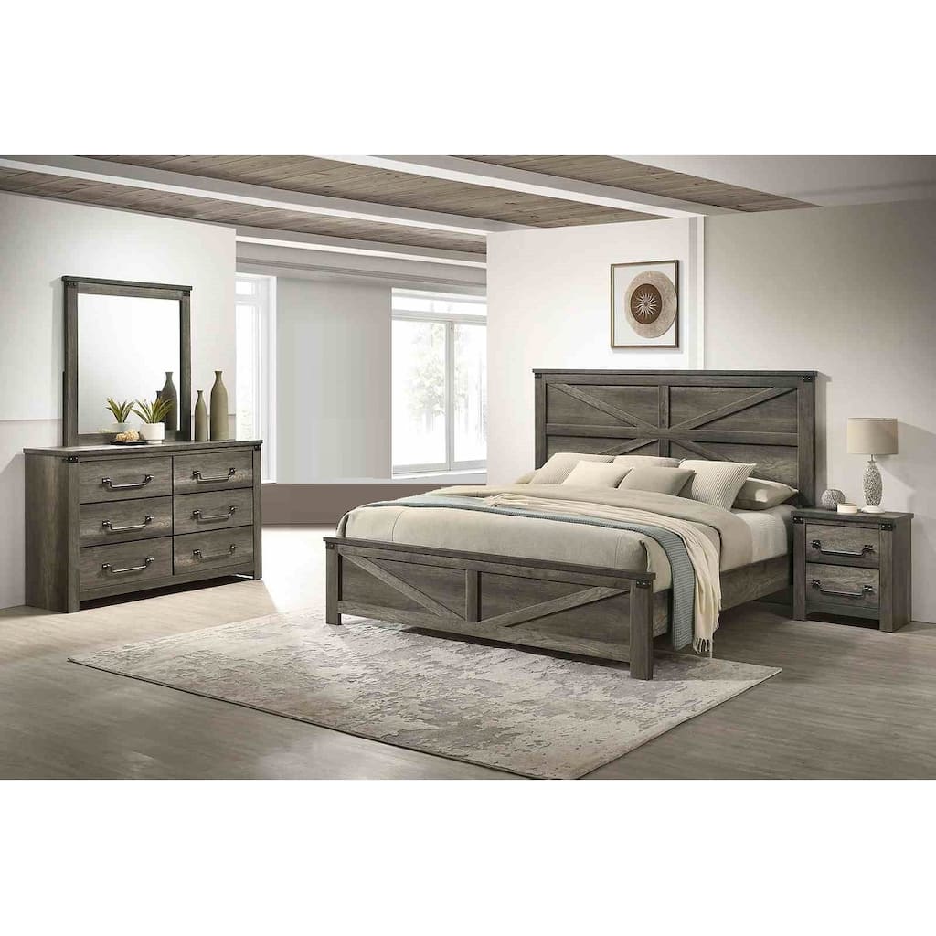 Farmhouse Style Rustic Gray 4 Pc Bedroom Furniture Set Bed Nightstand Dresser Mirror