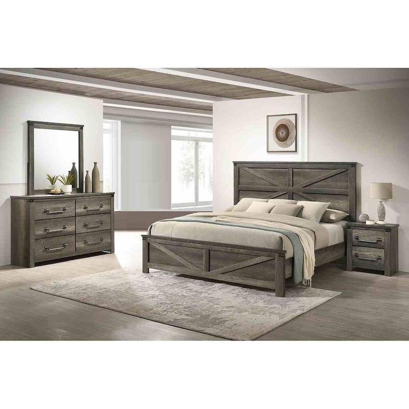 Farmhouse Style Rustic Gray 4 Pc Bedroom Furniture Set Bed Nightstand Dresser Mirror