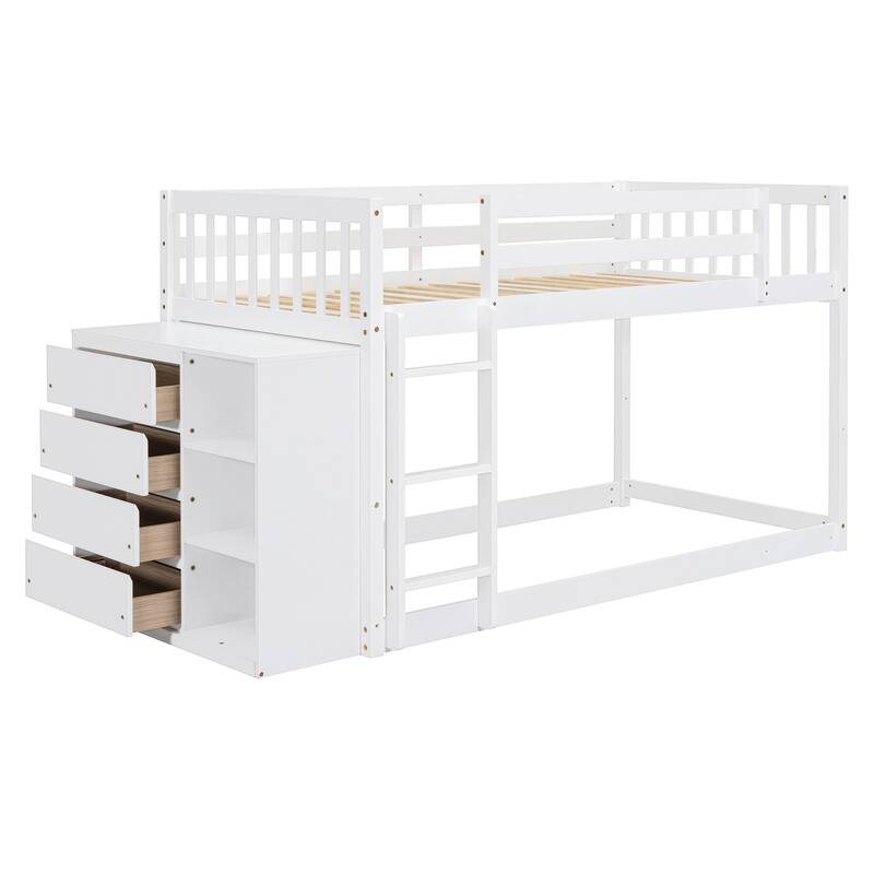 Twin Over Twin Bunk Bed with 4 Drawers and 3 Shelves, White