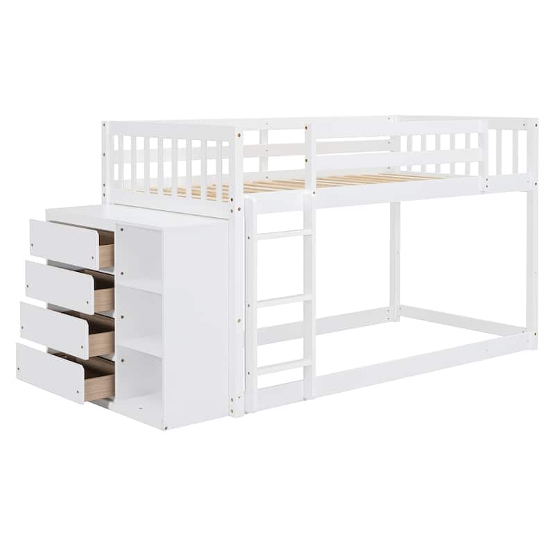 Twin Over Twin Bunk Bed with 4 Drawers and 3 Shelves in Solid Pine