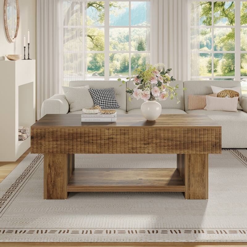 47-Inch Wood Coffee Table with Storage, Large Rectangular Center Table with Open Shelf for Living Room