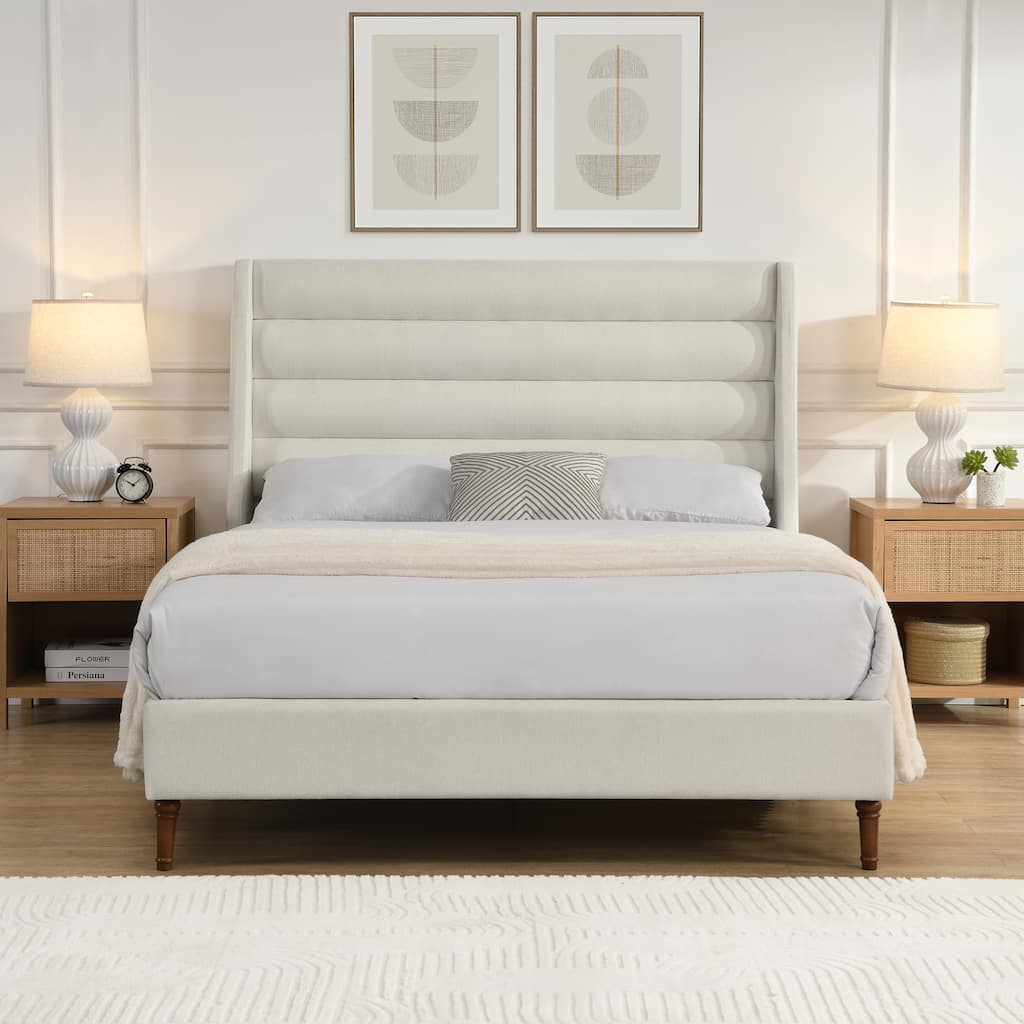 Queen Size Bed Frame High Headboard Upholstered Platform Bed with Wave - Shaped Headboard, Premium Chenille Fabric