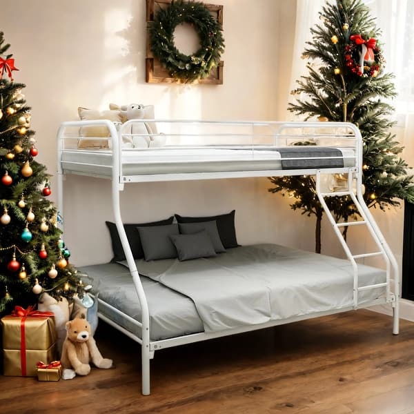 slide 2 of 7, Twin-Over-Full Metal Bunk Bed with Enhanced Upper-Level Guardrail,Kids Bed Design White