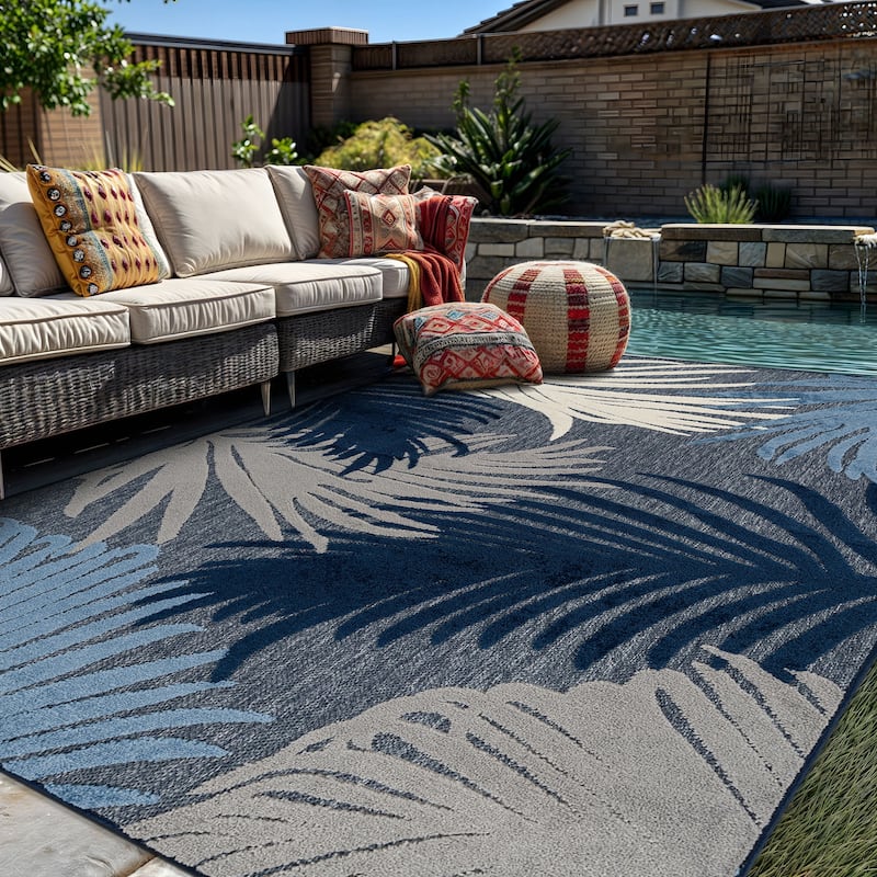 World Rug Gallery Tropical Floral Indoor/Outdoor Area Rug - 5' x 7' - Dark Blue