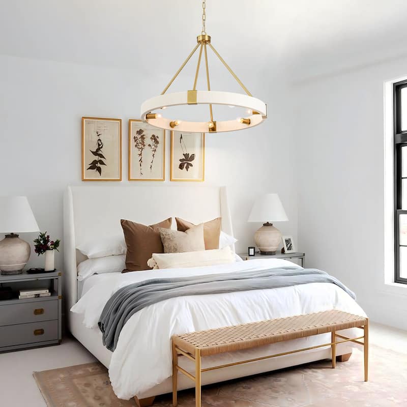 8-Light 27" W Modern Boho Beige Round Wagon-wheel Hand-Woven Cotton Chandelier - 27.6 in. W x 21.3 in. H x 27.6 in. D