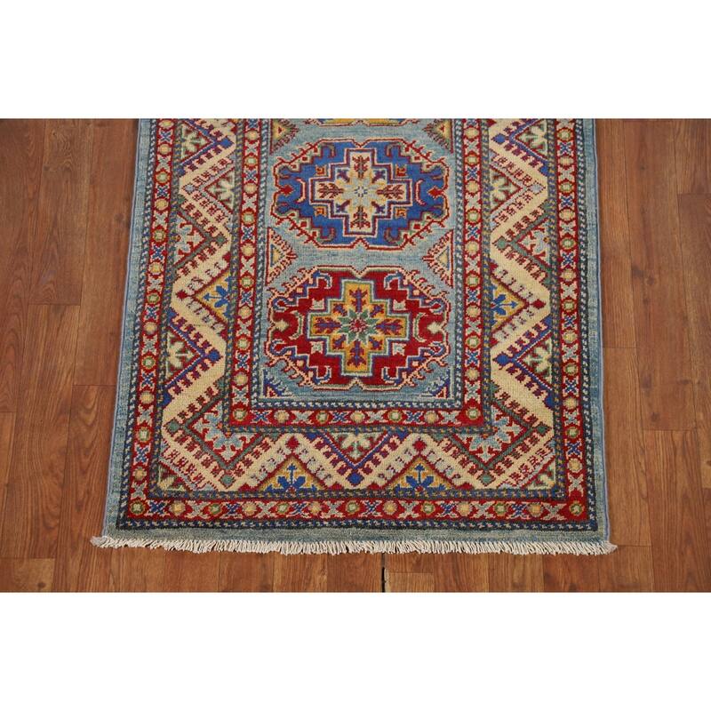 Light Blue Kazak Oriental Runner Rug Hand-Knotted Wool Carpet - 2'7" x 12'9"