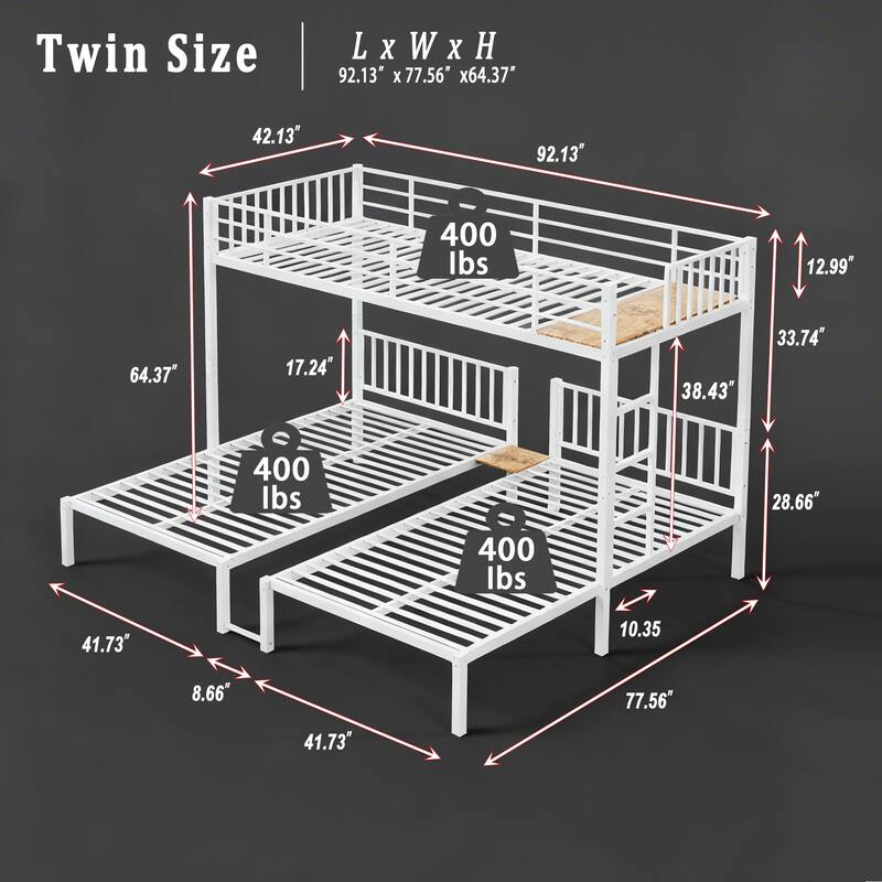 Twin Triple Bunk Bed for Kids, 3 Bed Bunk Beds for 3, Metal Triple Bunk Beds, Separates Into 3 Twin Beds