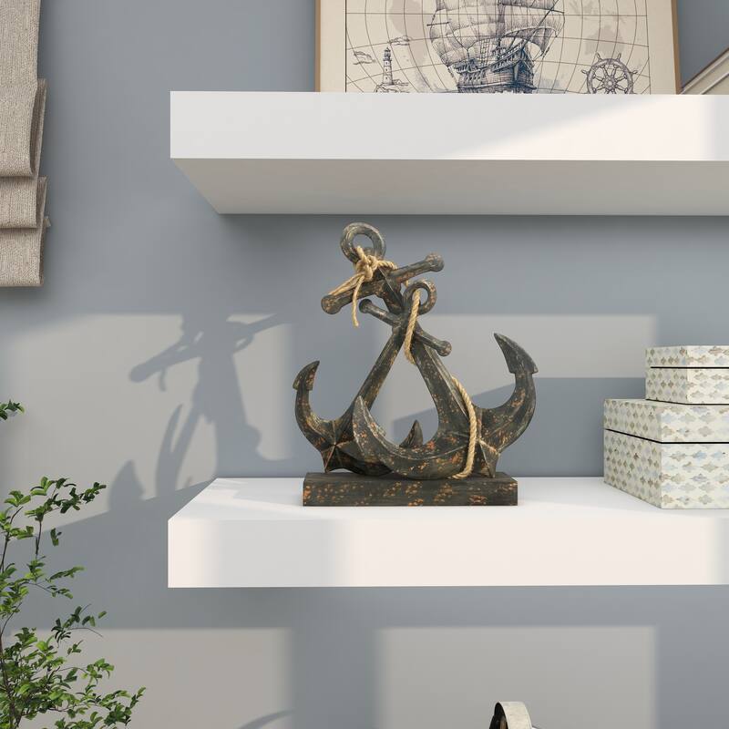 Black Metal Anchor Decorative Sculpture with Jute Rope Accents