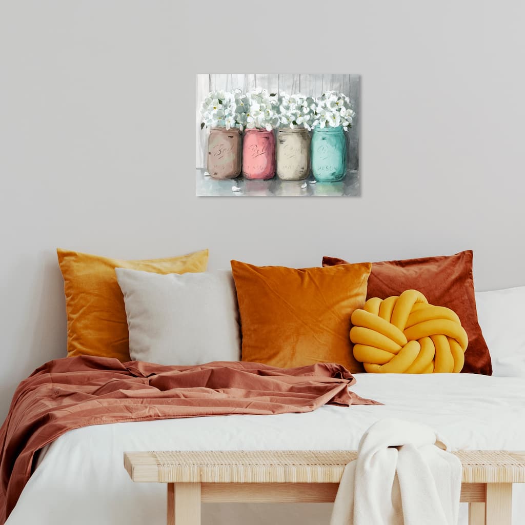 Wynwood Studio Canvas Floral and Botanical Mason Jar Turquoise White and Pastel Pink Rustic Wall Art Canvas Print