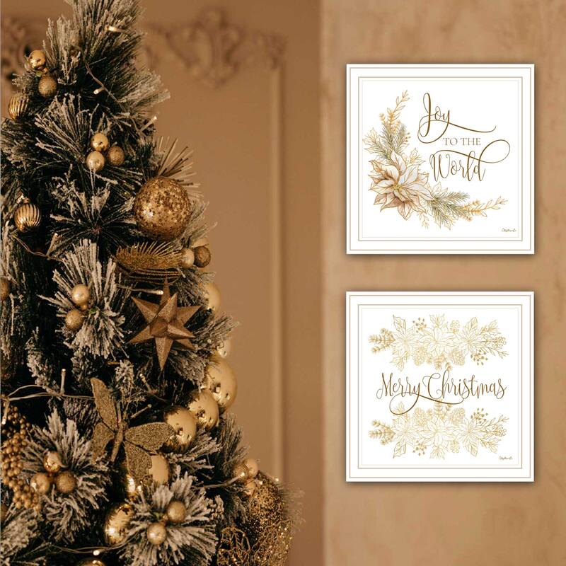 2-Piece Framed Wall Art Set - Golden Merry Christmas, White Frame