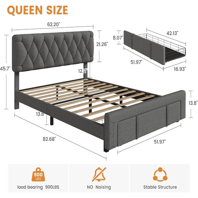 Upholstered Platform Bed Frame with Storage Drawers, No Box Spring Needed, Grey