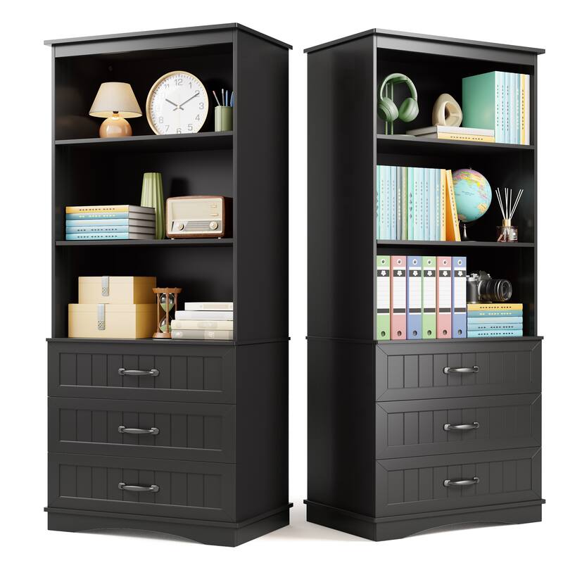 70'' Tall Bookcase with 3 Drawers Wooden Bookshelf with Storage Cabinet
