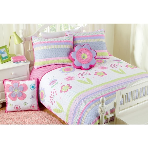 slide 2 of 9, Cozy Line Pink Blossom Cotton Reversible Quilt Bedding Set With Decorative Pillows