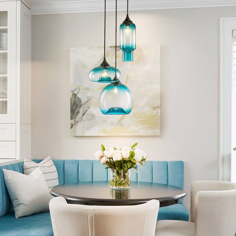 3-Light Modern Black Cluster Pendant Light Gradient Blue Glass Kitchen Island Lighting, Dining Room Ceiling Light