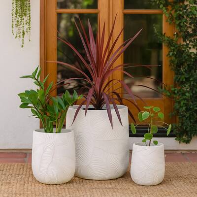 Sally Round Planter Set of 3, Intricate Leaf White Resin 23 19 14 Inch