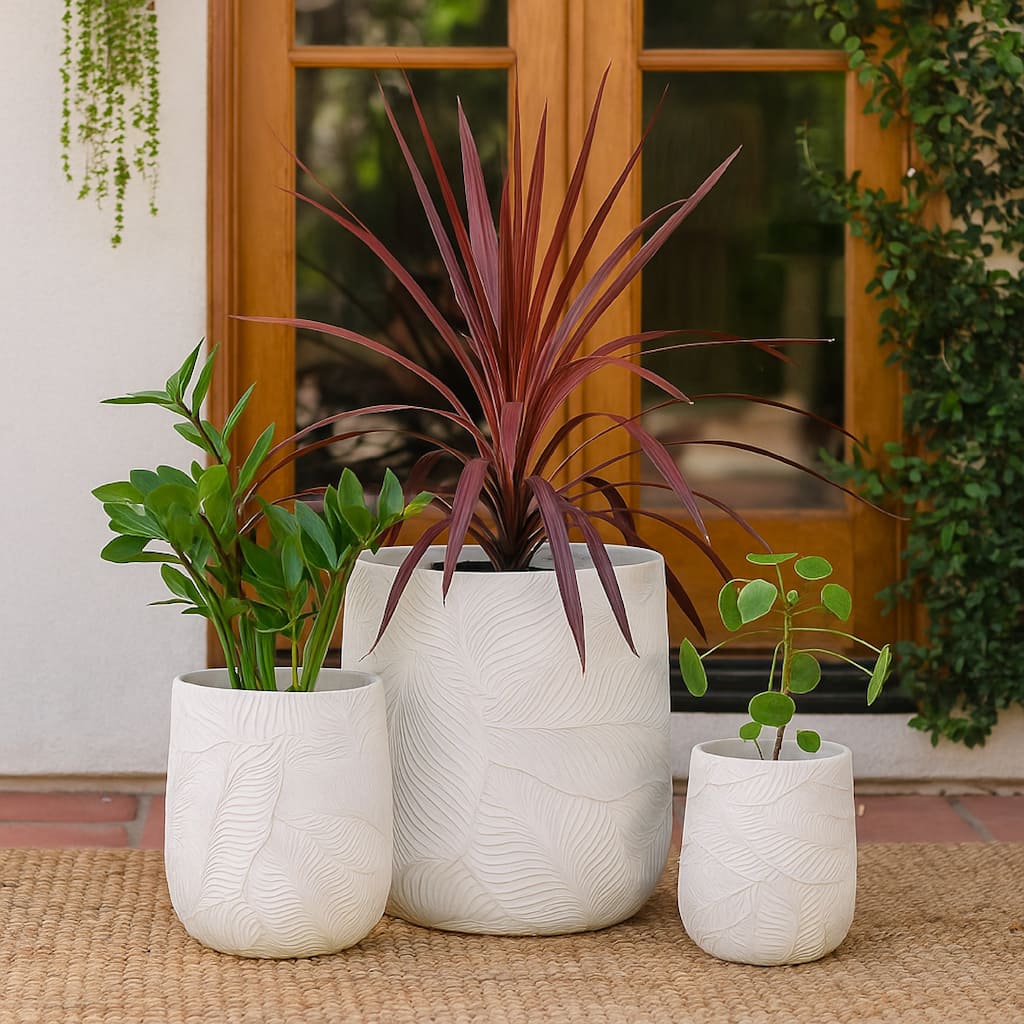 Sally Round Planter Set of 3, Intricate Leaf White Resin 23 19 14 Inch