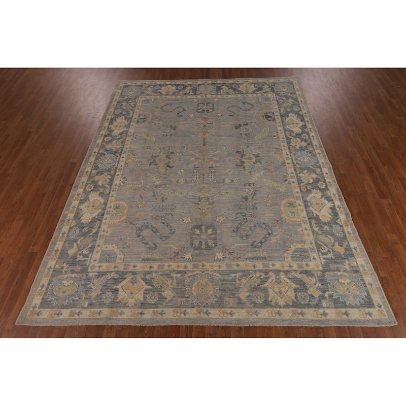 Vegetable Dye Grey Oushak Turkish Rug Hand-Knotted Floral Wool Carpet - 8'1"x 10'1"