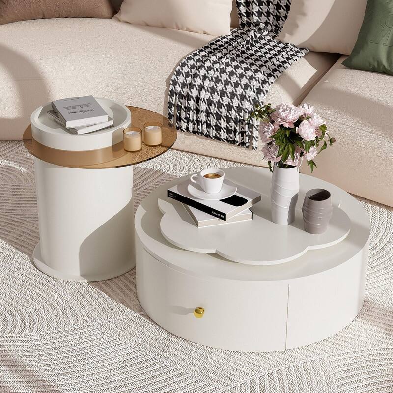Modern Round Coffee Table Set of 2 with Rotatable Floral Top and Two Functional Drawers for Living Room - White