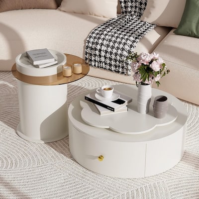Modern Round Coffee Table Set of 2 with Rotatable Floral Top and Two Functional Drawers for Living Room