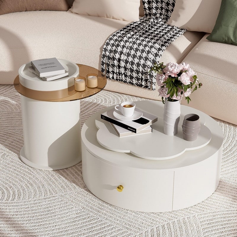 Modern Round Coffee Table Set of 2 with Rotatable Floral Top and Two Functional Drawers for Living Room