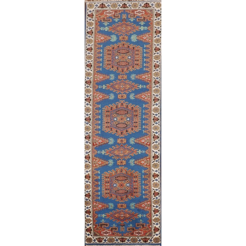 Blue Geometric Viss Indian Runner Rug Handmade Wool Carpet - 2'7"x 10'1"