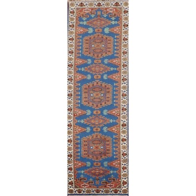 Blue Geometric Viss Indian Runner Rug Handmade Wool Carpet - 2'7"x 10'1"