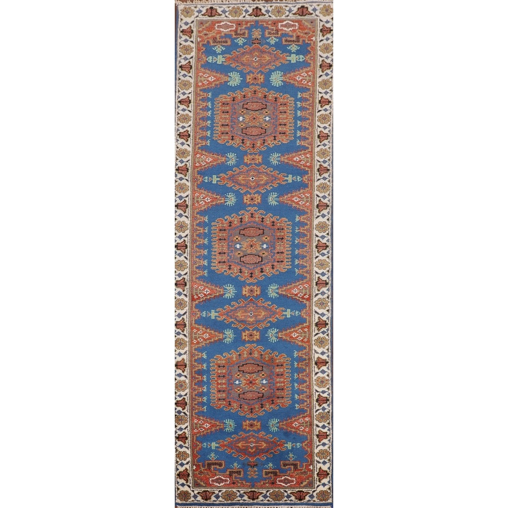 Blue Geometric Viss Indian Runner Rug Handmade Wool Carpet - 2'7"x 10'1"