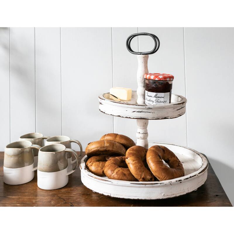 Distressed Wood 2-Tier Tray with Metal Handle