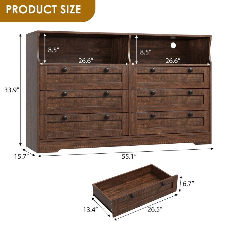6 Drawer Dresser for Bedroom, 55" Wood Chest of Drawers with Charging Station, LED Lights and 2 Storage Compartments