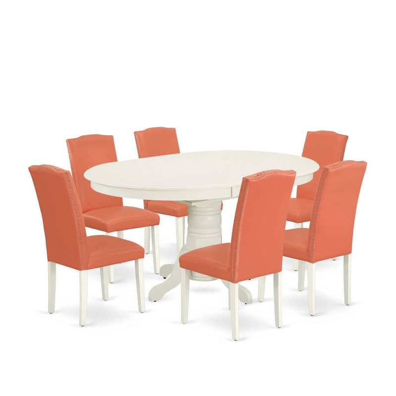 Dinette Set 7Pc Oval Table w/ Leaf & 6 Chairs - Pink Flamingo & Linen White